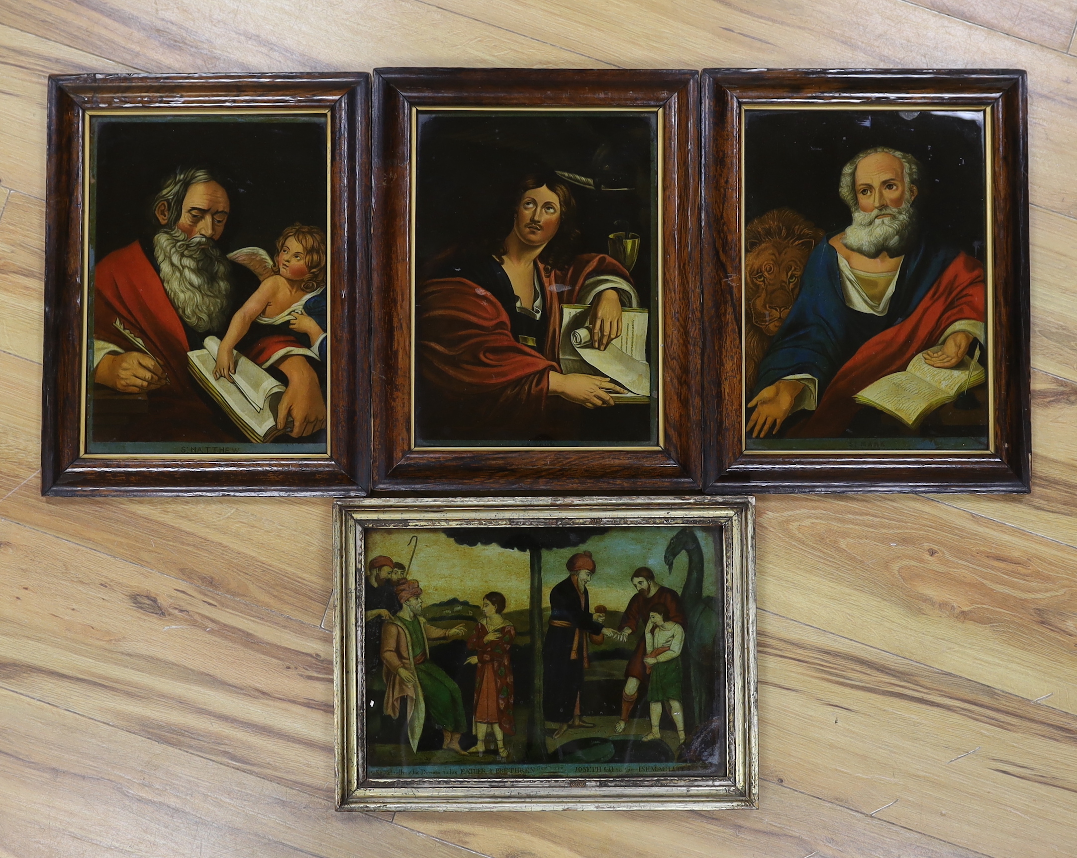 Four late 18th century reverse glass painted prints, including St Matthew, St John, St Mark and one other, 34 x 24cm